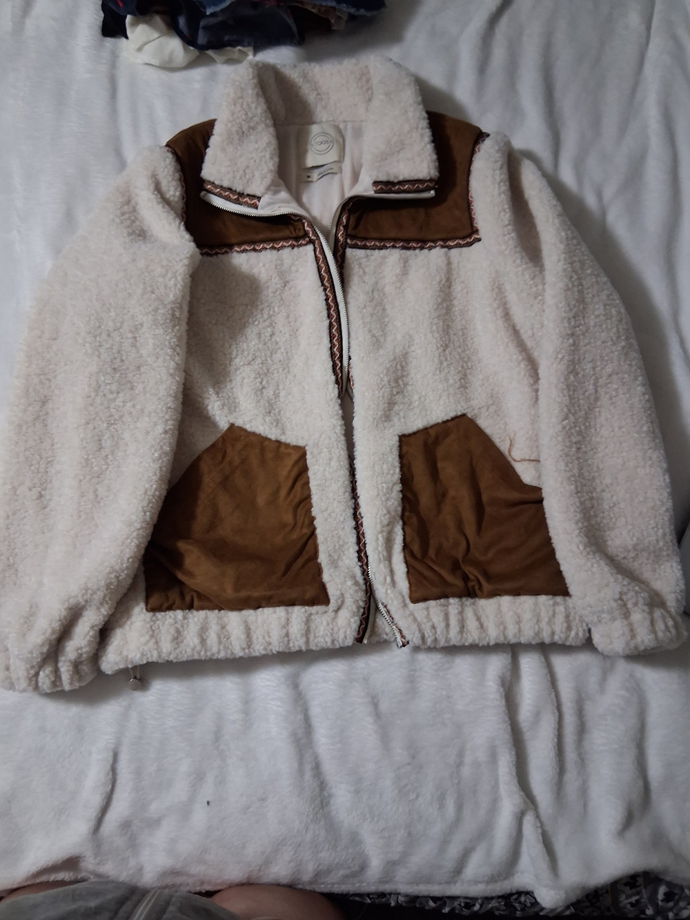Stoosh Women's Medium Sherpa Fleece Jacket Cream Brown Zip Front